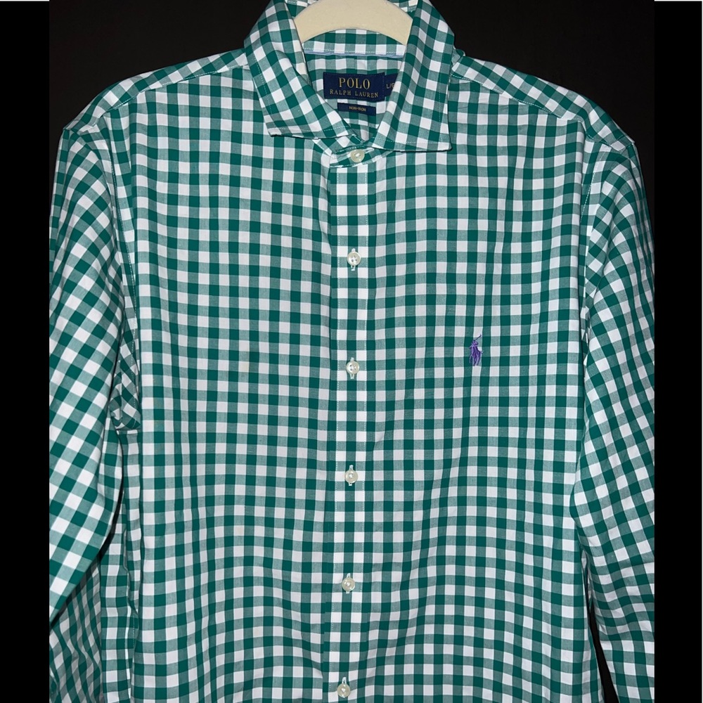 Polo Ralph Lauren Large Green Gingham Check Button Down No Iron Shirt